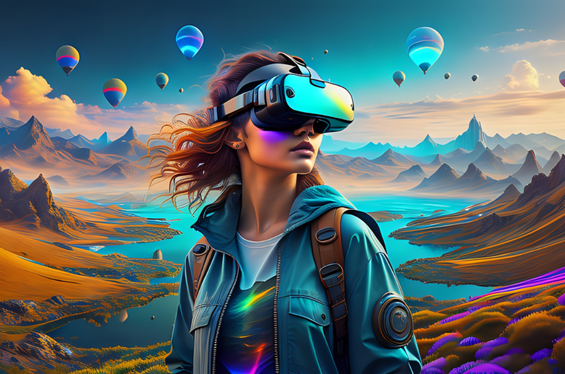 Une fille porte un casque de réalité virtuelle. En arrière-plan, on voit des montagnes et plusieurs montgolfières colorées flottant dans le ciel.