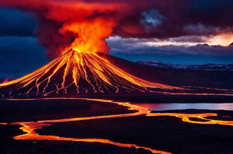 Un volcan en éruption, crachant de la lave et des cendres, avec des flots de magma jaillissant dans le ciel.