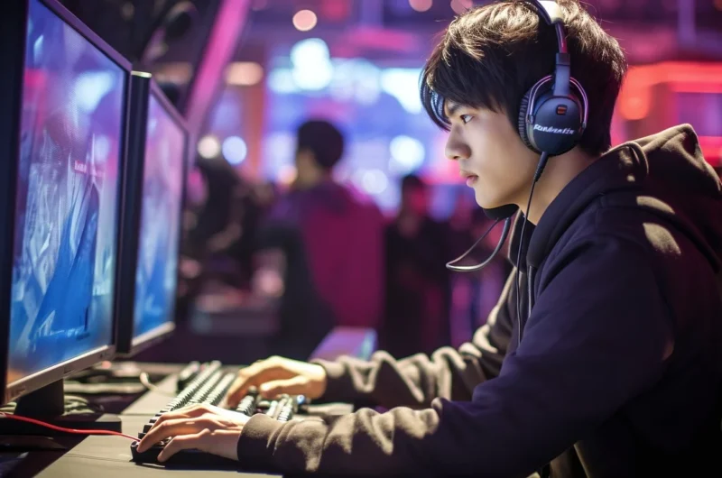 Un jeune homme joue à un jeu vidéo dans un cyber café, concentré sur son écran.